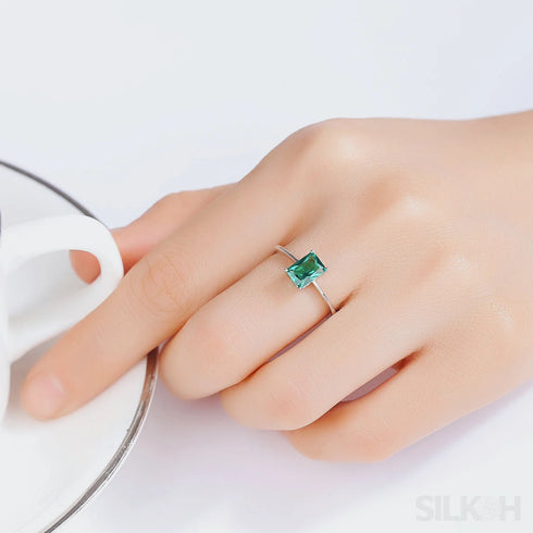 Rectangular Cut Sterling Silver Emerald Ring Athena